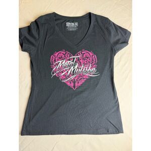 Metal Mulisha XL Black V-neck t-shirt hot pink white filigree heart Y2K Vintage